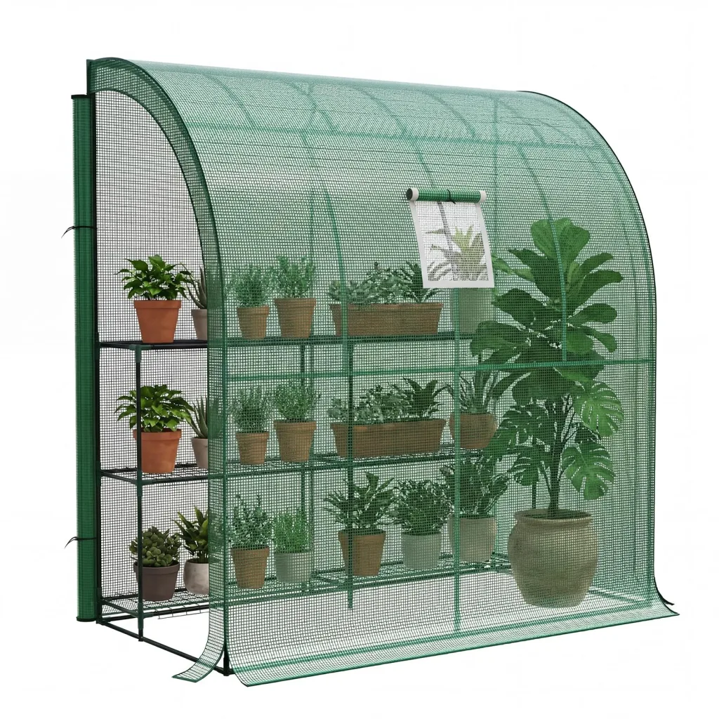 LARMNEE Wandseitiges Gewächshaus, Tomatengewächshaus mit 2 Rolltüren, 200 x 100 x 210 cm, PE Foliengewächshaus, Tomatenhaus für Blumen, Gemüse und Pflanzen, Balkon, Garten und Terrasse, Grün EGN72GH02