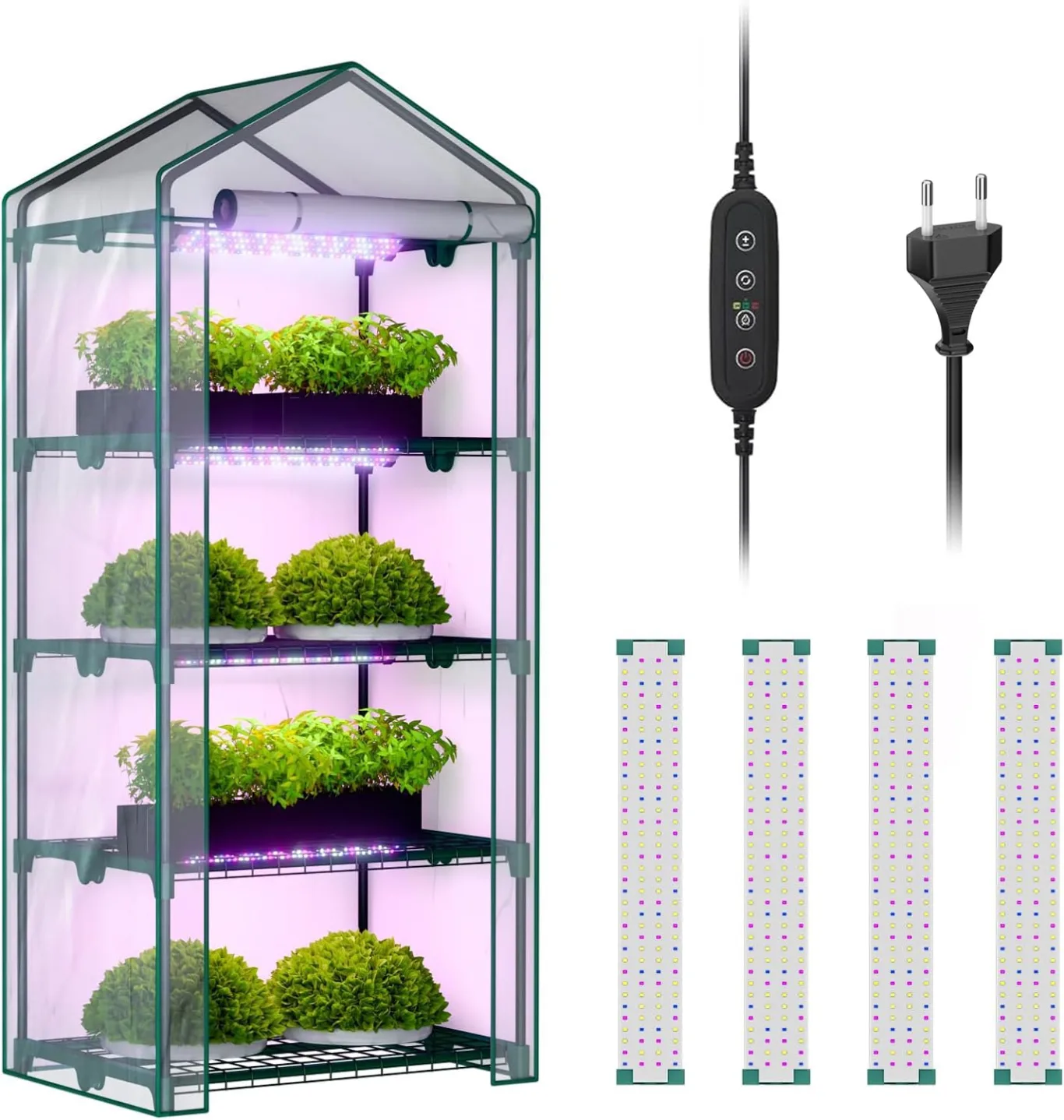 4-stöckiges Zimmergewächshaus mit LED-Wachstumslichtern, 68,5 x 48 x 157,5 cm, Mini-Gewächshaus, PVC-Abdeckung, dimmbar, 28 W Timer-Steuersystem für Saatgutstart und Pflanzenwachstum - Bild 1