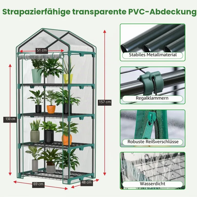 4-stöckiges Zimmergewächshaus mit LED-Wachstumslichtern, 68,5 x 48 x 157,5 cm, Mini-Gewächshaus, PVC-Abdeckung, dimmbar, 28 W Timer-Steuersystem für Saatgutstart und Pflanzenwachstum – Bild 2
