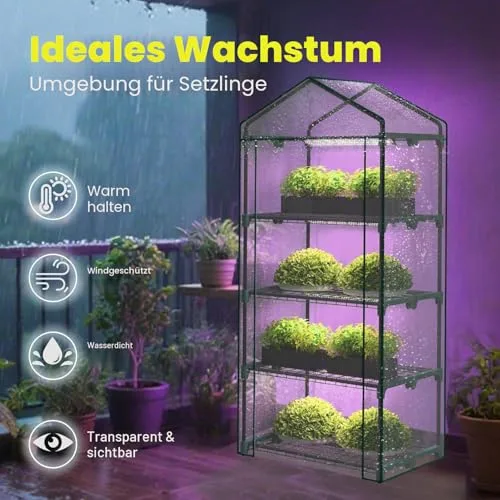 4-stöckiges Zimmergewächshaus mit LED-Wachstumslichtern, 68,5 x 48 x 157,5 cm, Mini-Gewächshaus, PVC-Abdeckung, dimmbar, 28 W Timer-Steuersystem für Saatgutstart und Pflanzenwachstum – Bild 9