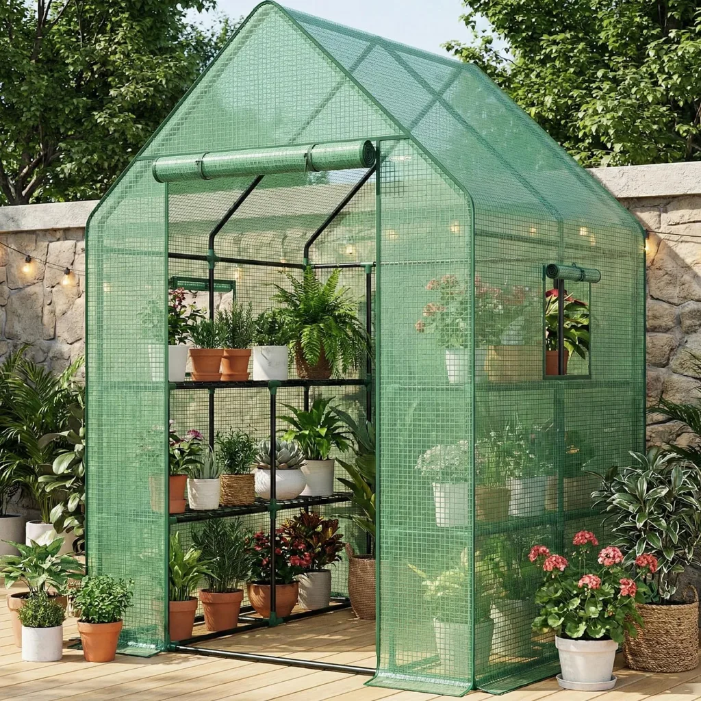Bamworld Gewächshaus begehbar Garten Außen 145x145x195cm - Bamworld Foliengewächshaus mit Regalen und Fliegengitter-Fenster, Großes Tomatengewächshaus, Grün