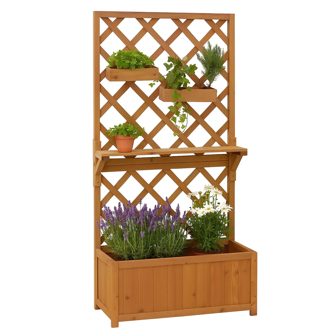 Hochbeet HWC-P68, Pflanz-/Blumenkasten Rankgitter Rankhilfe Ablage Hängekästen Holz FSC® 135x70x30cm - Natur - Bild 1