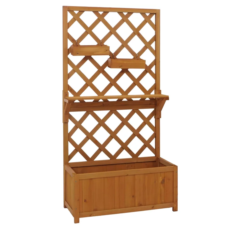 Hochbeet HWC-P68, Pflanz-/Blumenkasten Rankgitter Rankhilfe Ablage Hängekästen Holz FSC® 135x70x30cm - Natur – Bild 4