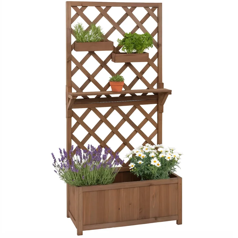 Hochbeet HWC-P68, Pflanz-/Blumenkasten Rankgitter Rankhilfe Ablage Hängekästen Holz FSC® 135x70x30cm - Natur – Bild 10