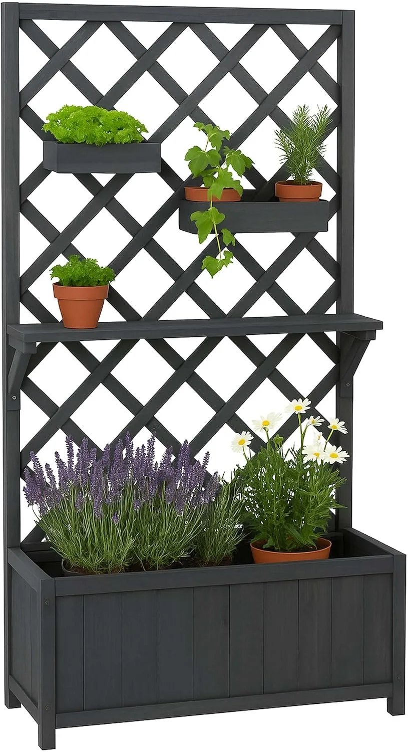 Hochbeet HWC-P68, Pflanz-/Blumenkasten Rankgitter Rankhilfe Ablage Hängekästen Holz FSC® 135x70x30cm - anthrazit-grau - Bild 1