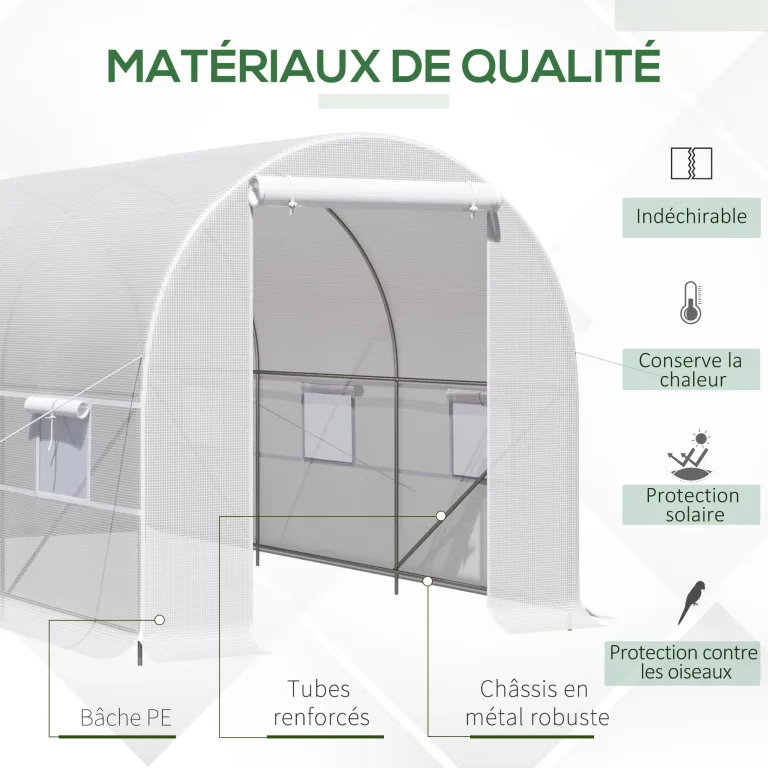 Outsunny Tunnel Gartengewächshaus 8m², Tunnel Gartengewächshaus 400x200x200cm mit Metallrahmen, 1 Tür und 6 Fenstern, für Außenbereich, Gemüse, Obst, hochdichte PE-Plane 140 g/m², weiß – Bild 3