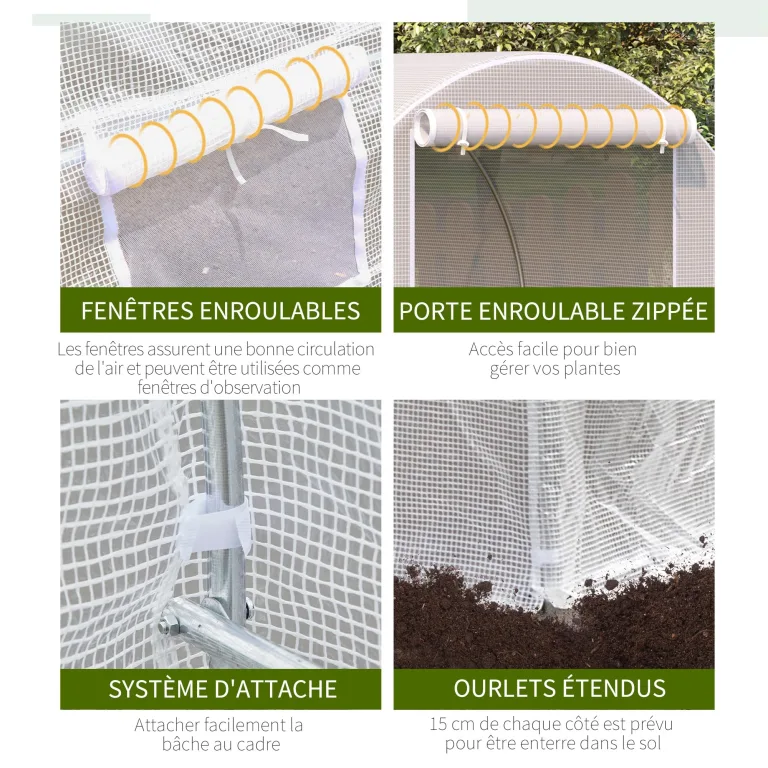Outsunny Tunnel Gartengewächshaus 8m², Tunnel Gartengewächshaus 400x200x200cm mit Metallrahmen, 1 Tür und 6 Fenstern, für Außenbereich, Gemüse, Obst, hochdichte PE-Plane 140 g/m², weiß – Bild 5