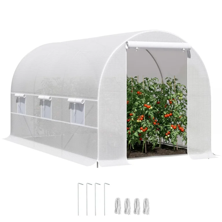 Outsunny Tunnel Gartengewächshaus 8m², Tunnel Gartengewächshaus 400x200x200cm mit Metallrahmen, 1 Tür und 6 Fenstern, für Außenbereich, Gemüse, Obst, hochdichte PE-Plane 140 g/m², weiß – Bild 1