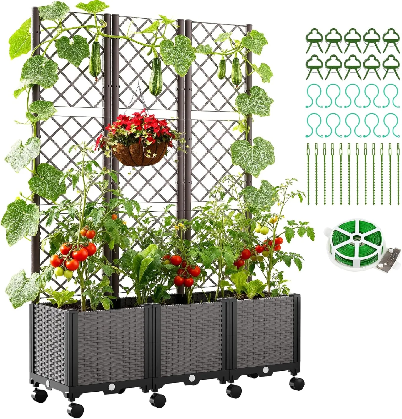 SUNYRISY Hochbeet mit Rankgitter, Blumenkasten mit Rankhilfe und Rollenrad, 3 Stück Garten Planter Box mit Rädern und Sichtschutz, Selbstbewässerung Pflanzkasten Pflanzkübel für Kletterpflanzen - Bild 1