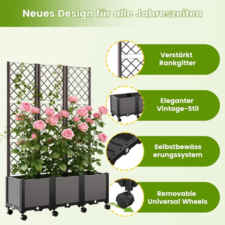 SUNYRISY Hochbeet mit Rankgitter, Blumenkasten mit Rankhilfe und Rollenrad, 3 Stück Garten Planter Box mit Rädern und Sichtschutz, Selbstbewässerung Pflanzkasten Pflanzkübel für Kletterpflanzen – Bild 7