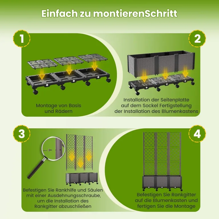 SUNYRISY Hochbeet mit Rankgitter, Blumenkasten mit Rankhilfe und Rollenrad, 3 Stück Garten Planter Box mit Rädern und Sichtschutz, Selbstbewässerung Pflanzkasten Pflanzkübel für Kletterpflanzen – Bild 10