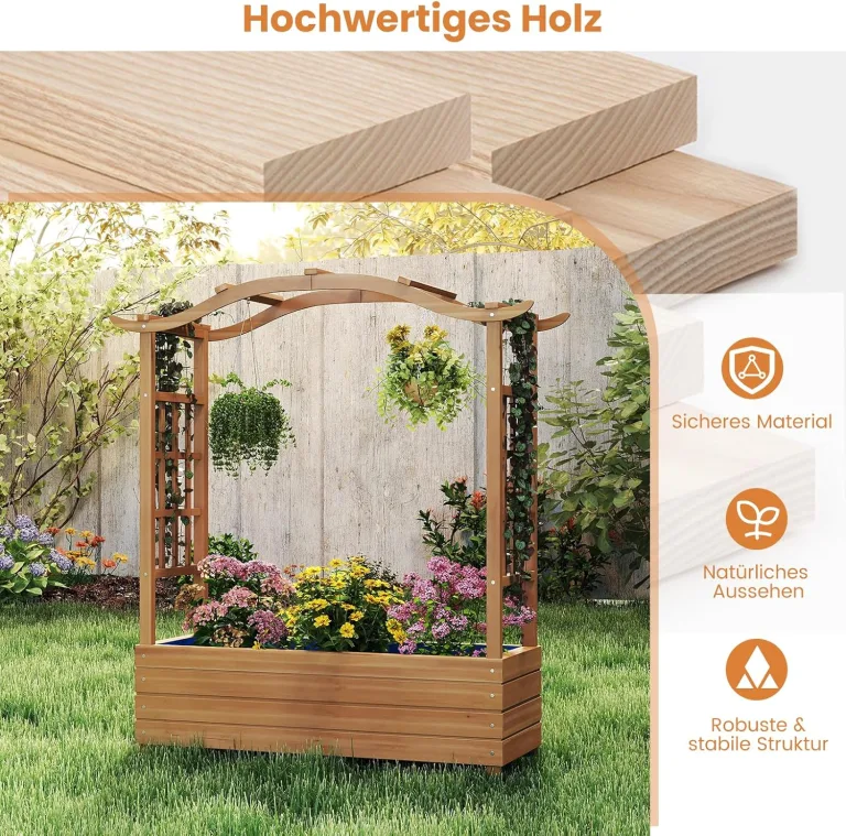COSTWAY Blumenkasten mit Rankgitter & hängendem Dach, Pflanzkasten mit Rankhilfe & Einsatz, Hochbeet für Kletterpflanzen & hängende Körbe, für Hof Garten Terrasse, Holz, Braun, 110 x 40 x 124 cm – Bild 7