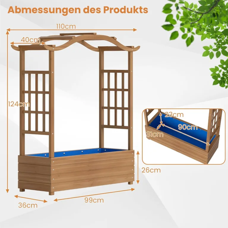 COSTWAY Blumenkasten mit Rankgitter & hängendem Dach, Pflanzkasten mit Rankhilfe & Einsatz, Hochbeet für Kletterpflanzen & hängende Körbe, für Hof Garten Terrasse, Holz, Braun, 110 x 40 x 124 cm – Bild 3