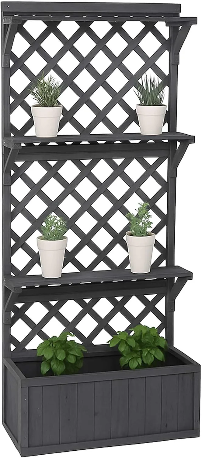 Hochbeet HWC-P69, Pflanz-/Blumenkasten Pflanzkübel Rankgitter Spalier Ablagefläche Holz FSC® 177x77x33cm - anthrazit-grau – Bild 1