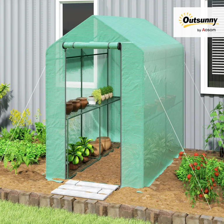 Outsunny PE-Garten-Gewächshaus mit Regal, 2 Ebenen, Balkongewächshaus, verstärkte Plane 140 g/m², Gestell aus Stahl, Tür mit Reißverschluss, aufrollbar, für Gemüse, Pflanzen, Blumen, 186 x 120 x 190 – Bild 2