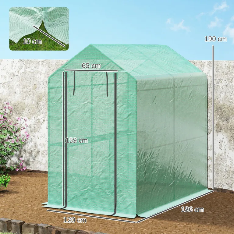 Outsunny PE-Garten-Gewächshaus mit Regal, 2 Ebenen, Balkongewächshaus, verstärkte Plane 140 g/m², Gestell aus Stahl, Tür mit Reißverschluss, aufrollbar, für Gemüse, Pflanzen, Blumen, 186 x 120 x 190 – Bild 7