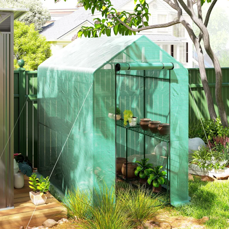 Outsunny PE-Garten-Gewächshaus mit Regal, 2 Ebenen, Balkongewächshaus, verstärkte Plane 140 g/m², Gestell aus Stahl, Tür mit Reißverschluss, aufrollbar, für Gemüse, Pflanzen, Blumen, 186 x 120 x 190 – Bild 8