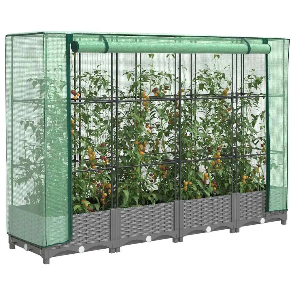 Hommdiy Hochbeet mit Gewächshaus-Aufsatz Rattan-Optik 160x40x123 cm rattanoptik Pflanzkübel Blumenkübel Großer Blumentopf Outdoor Hellgrau - Bild 1