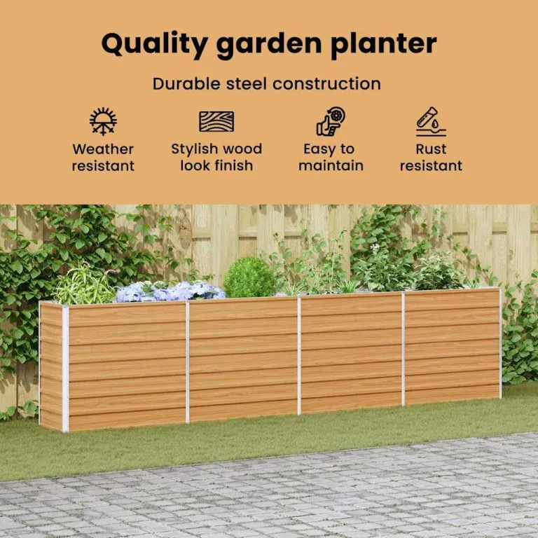 vidaXL Hochbeet Hellbraun 320 x 40 x 77 cm Verzinkter Stahl, Garten und Terrasse, Stabiler Metall-Wannen-Kübel, Hochbeet, Pflanzenbox für Outdoor-Kräuter und Blumen – Bild 4