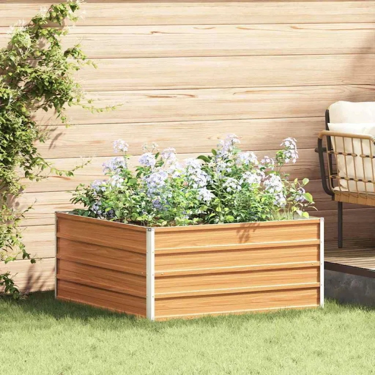 vidaXL Hochbeet Hellbraun 100 x 100 x 45 cm Verzinkter Stahl, Garten und Terrasse, Stabiler Metall-Wannen-Kübel, Hochbeet, Pflanzenbox für Outdoor-Kräuter und Blumen – Bild 2