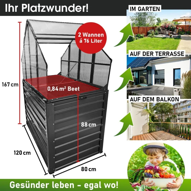 BRAST 2in1 Hochbeet mit Alu Gewächshaus-Aufsatz | Integriertes Drainage-System | 2 Größen zur Auswahl | wetterfest | 4mm Hohlkammerplatten | 2 Pflanzwannen | Pflanzbeet | 120x80x167cm – Bild 6