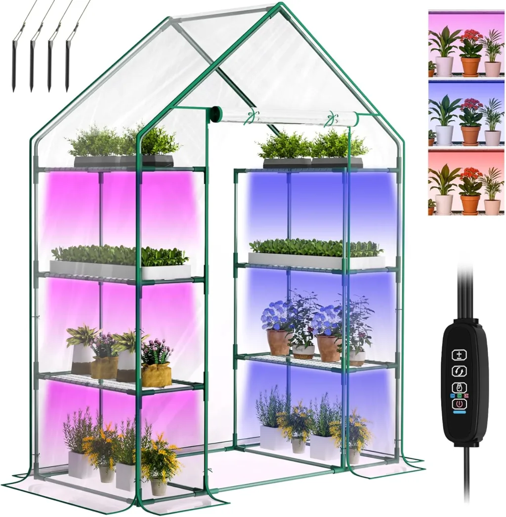 SUNYRISY Gewächshaus Klein mit Grow Lampe, Premium 4 Etagen Doppelt Tomatengewächshaus Foliengewächshaus mit LED Pflanzenlampe, Pflanzen überwinterungszelt Greenhouse für Balkon, Garten