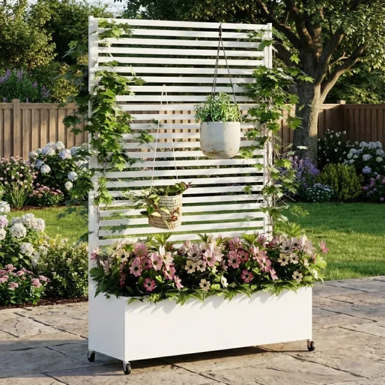 Hochbeet aus Metall mit Rad, Pflanzkasten aus Metall für den Außenbereich mit Spalier, freistehender Pflanzkasten mit Sichtschutz für den Außenbereich für Garten, Terrasse, Balkon – Bild 1