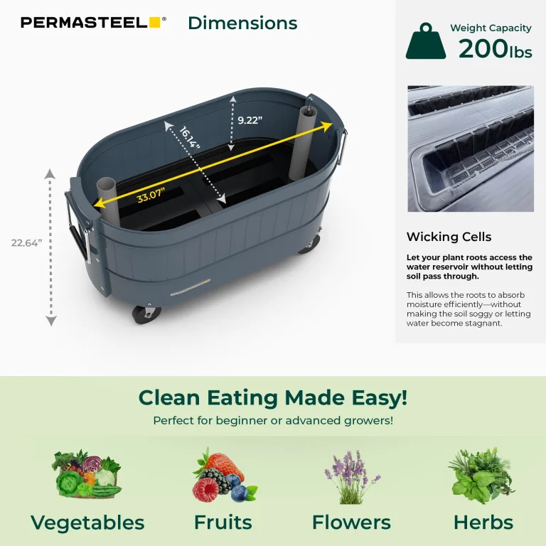 Permasteel selbstbewässerndes Gartenbeet, rollender Pflanztopf für Gemüse, Blumen, Kräuter und Obst, drinnen draußen, Laufräder, Blau – Bild 6