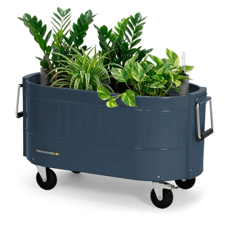 Permasteel selbstbewässerndes Gartenbeet, rollender Pflanztopf für Gemüse, Blumen, Kräuter und Obst, drinnen draußen, Laufräder, Blau – Bild 1
