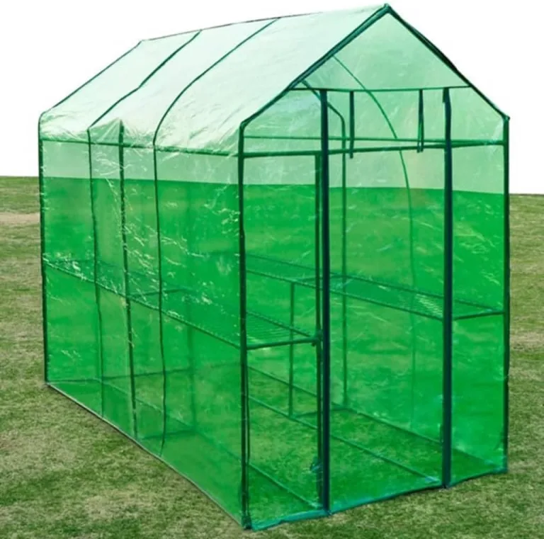 Gewächshaus mit 2 Ablagen, Faltbarer Begehbarer Technikraum mit Rolltür, Klein Winterfest Tomatenhaus für Optimales Pflanzenwachstum, 120x240x190 cm Grün PVC – Bild 7