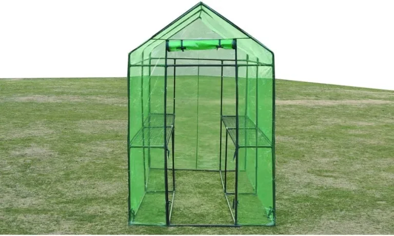 Gewächshaus mit 2 Ablagen, Faltbarer Begehbarer Technikraum mit Rolltür, Klein Winterfest Tomatenhaus für Optimales Pflanzenwachstum, 120x240x190 cm Grün PVC – Bild 4