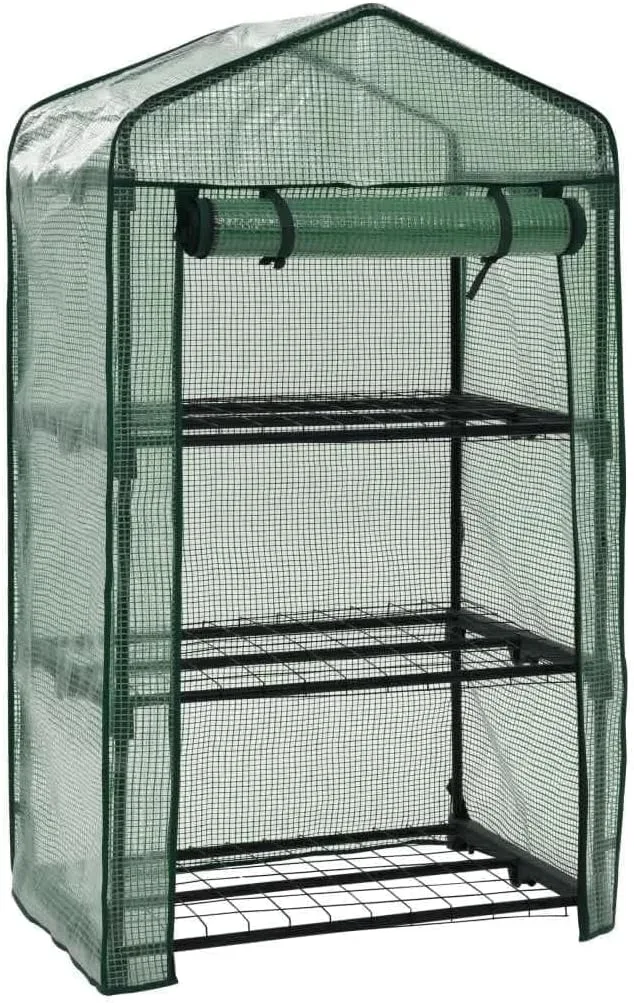 Gewächshaus mit 3 Ablagen, Faltbarer Begehbarer Technikraum mit Rolltür, Klein Tomatenhaus für Optimales Pflanzenwachstum, 69x49x125 cm Grün Polyethylen