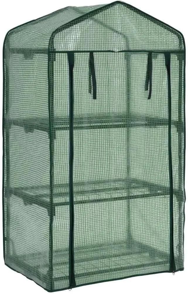 Gewächshaus mit 3 Ablagen, Faltbarer Begehbarer Technikraum mit Rolltür, Klein Tomatenhaus für Optimales Pflanzenwachstum, 69x49x125 cm Grün Polyethylen – Bild 4
