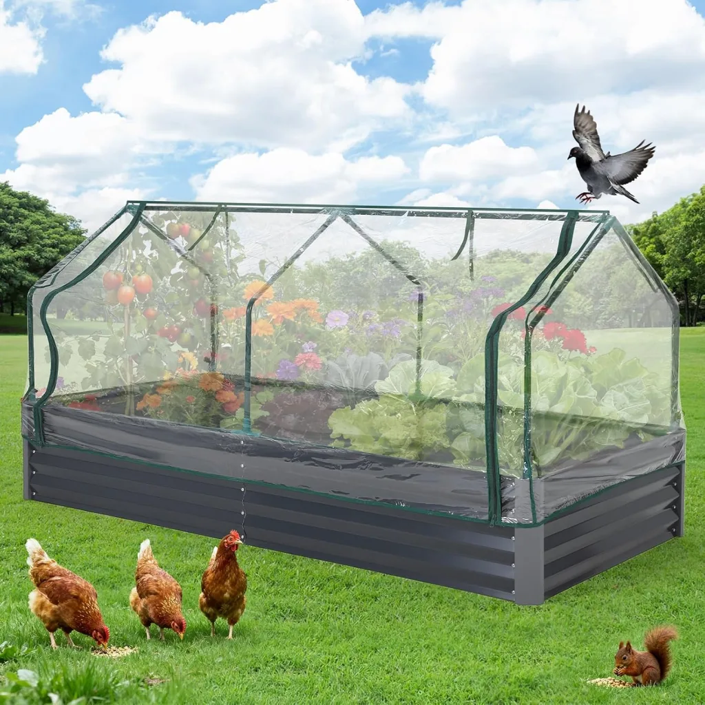 Hochbeet Metall mit Vogelschutznetz, Robuster Pflanzkasten Blumenkasten Kit Wetterfester Pflanzkasten aus Verzinktem Stahl, Vielseitig für Gemüse, Blumen & Kräuter, Einfache Montage