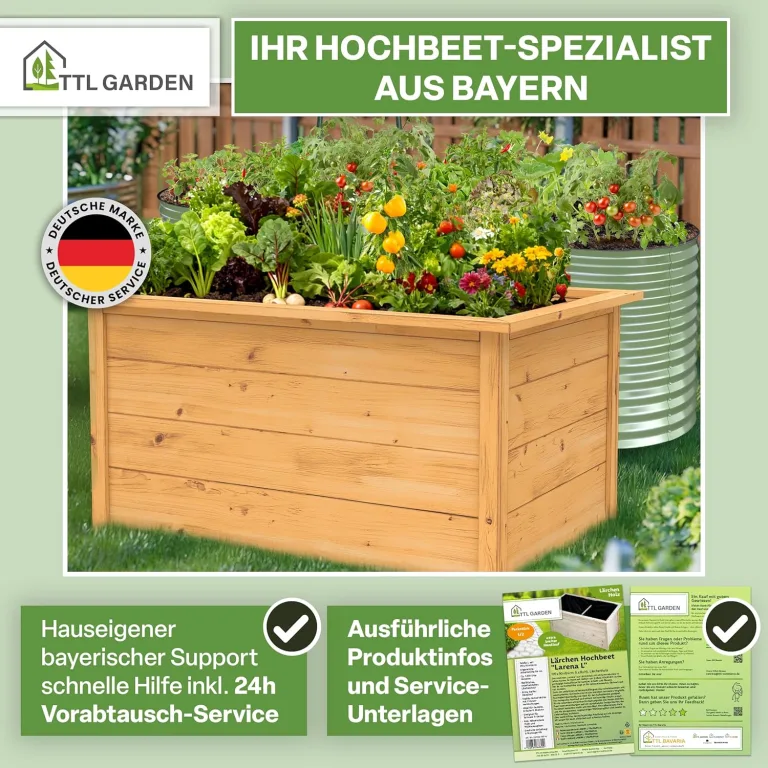 TTL GARDEN Lärchen-Hochbeet LARENA L 170x90x84cm - Garten Hochbeet aus Lärchen Holz - Hochbeet Kit & Kräuterbeet Set Bausatz mit Wühlmausgitter Lärchenholz wetterfest - für Gemüse Kräuter & Blumen – Bild 10