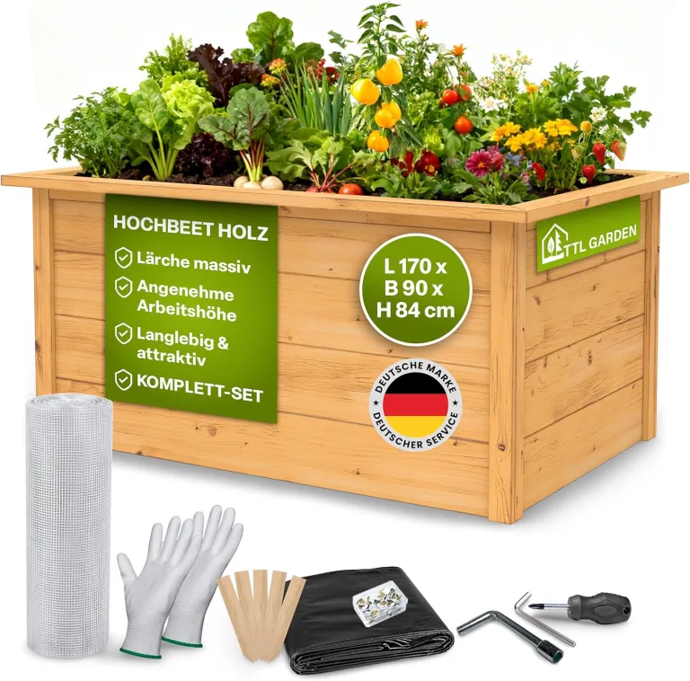 TTL GARDEN Lärchen-Hochbeet LARENA L 170x90x84cm - Garten Hochbeet aus Lärchen Holz - Hochbeet Kit & Kräuterbeet Set Bausatz mit Wühlmausgitter Lärchenholz wetterfest - für Gemüse Kräuter & Blumen – Bild 1