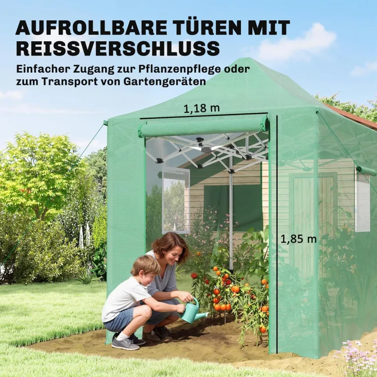 Outsunny Gewächshaus ca. 300x270x200 cm Faltbar Foliengewächshaus mit Satteldach, aufrollbaren Reißverschlusstüren und -fenstern, Pop Up Gewächshaus Tomatenhaus aus PE, stabiles Pflanztunnel Grün – Bild 5