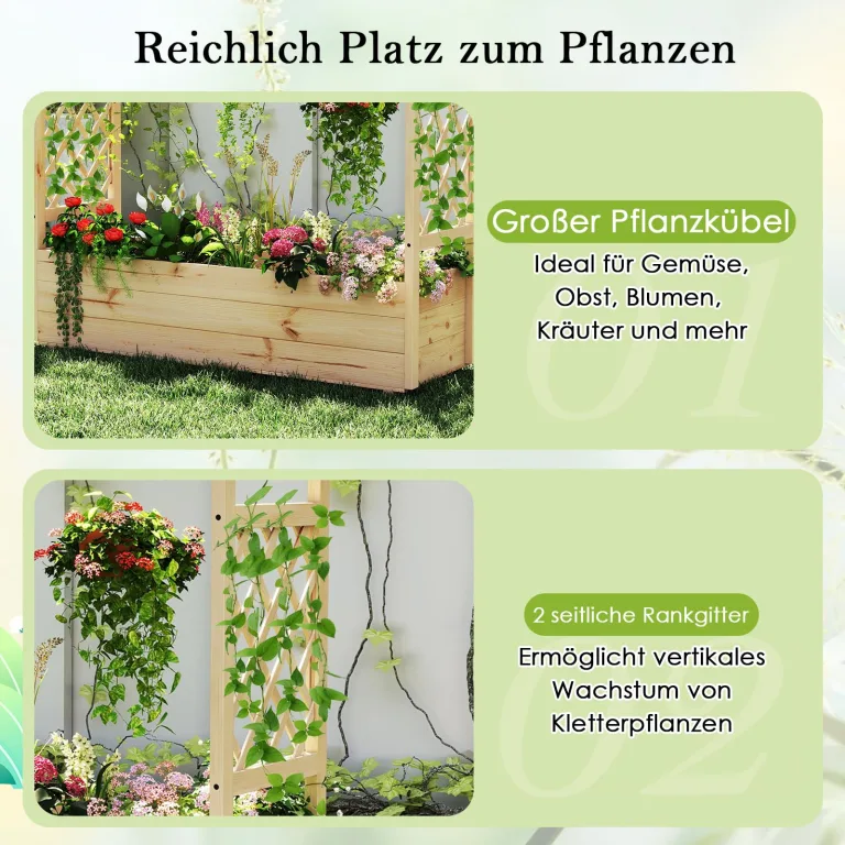 COSTWAY Hochbeet mit Rankgitter & hängendem Dach, Pflanzkasten mit Rankhilfe & Abflusslöchern, Blumenkasten für Kletterpflanzen, für Garten Hof Terrasse, Pflanzgefäß Holz, Natur, 148 x 50 x 103 cm – Bild 5