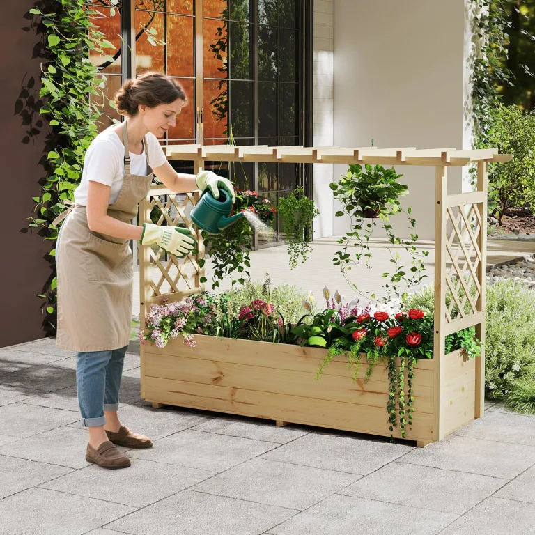 COSTWAY Hochbeet mit Rankgitter & hängendem Dach, Pflanzkasten mit Rankhilfe & Abflusslöchern, Blumenkasten für Kletterpflanzen, für Garten Hof Terrasse, Pflanzgefäß Holz, Natur, 148 x 50 x 103 cm – Bild 9
