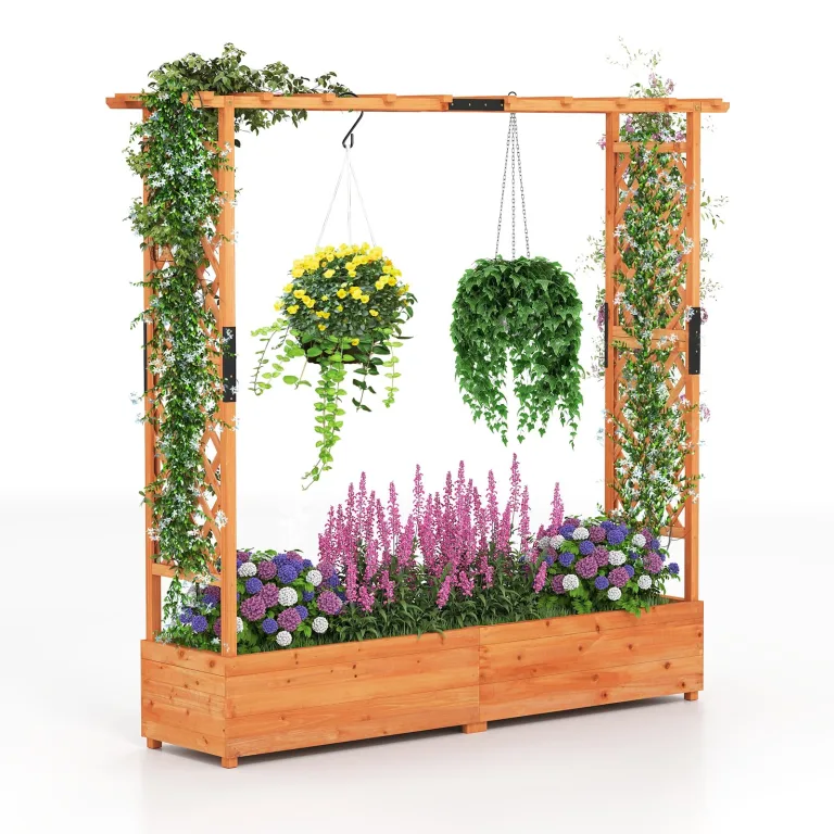 COSTWAY Hochbeet mit Rankgitter & hängendem Dach, Pflanzkasten mit Rankhilfe & Abflusslöchern, Blumenkasten für Kletterpflanzen, für Garten Hof Terrasse, Pflanzgefäß Holz, Natur, 148 x 50 x 103 cm – Bild 10