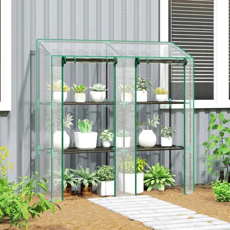 Outsunny Gewächshaus mit Regale Doppeltüren Pultdach, Winterfest Foliengewächshaus aus Stahl, Treibhaus Tomatenhaus 143 x 46 x 151cm, Tomatengewächshaus für Tomaten, Gemüse, Blumen, Transparent – Bild 11