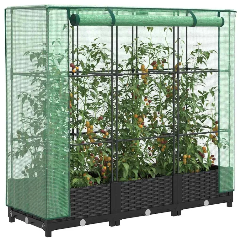 Hochbeet mit Gewächshausabdeckung 120 x 40 x 123 cm Schwarz Rattan-Look Robustes PP und Eisenrahmen für mehr Komfort im Garten Balkon und Terrasse – Bild 1