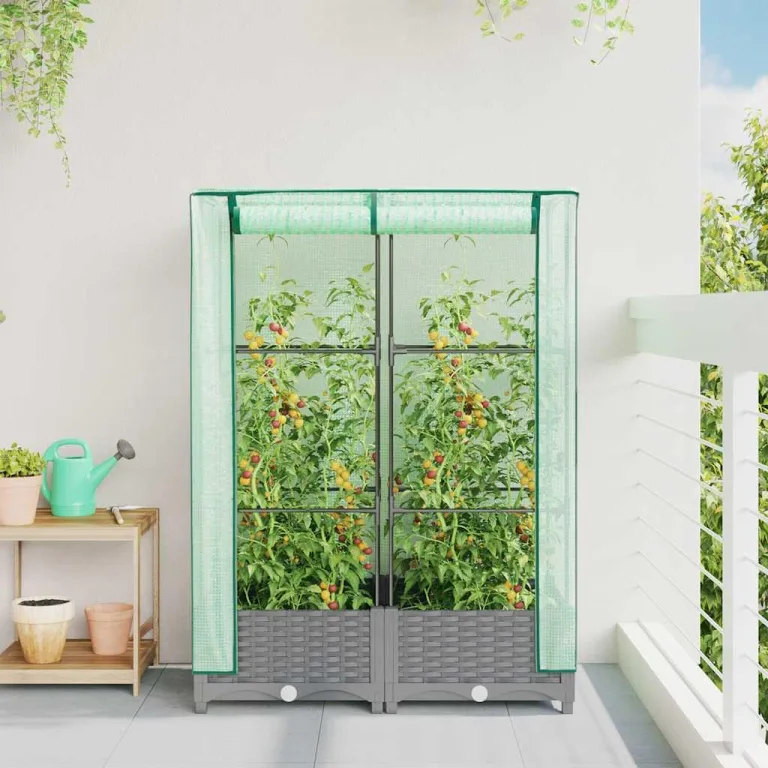 Hochbeet mit Gewächshaus-Aufsatz 80x40x123 cm aus PP & Eisen Rattan-Optik grau Tomatenhaus mit Belüftungs-ReiÃŸverschlüssen platzsparend für Balkon Terrasse und Garten – Bild 3