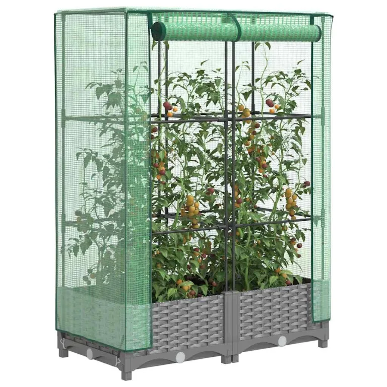 Hochbeet mit Gewächshaus-Aufsatz 80x40x123 cm aus PP & Eisen Rattan-Optik grau Tomatenhaus mit Belüftungs-ReiÃŸverschlüssen platzsparend für Balkon Terrasse und Garten – Bild 1