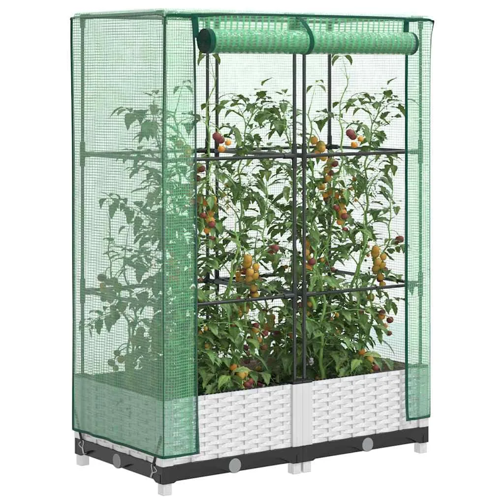 Hochbeet mit Gewächshausaufsatz 80x40x123 cm Weiß Rattan-Optik, platzsparendes Pflanzbeet aus PP & Eisenrohr für Balkon, Terrasse, Garten, mit Lüftungsreißverschlüssen - Bild 1