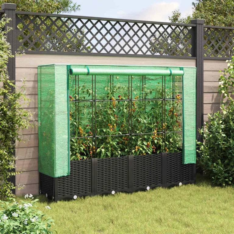 Hochbeet mit Gewächshausabdeckung 160x40x138 cm Schwarz Rattanoptik, Stabiler Eisenrahmen, wasserabweisendes PE Dach, ReiÃŸverschlusslüftung, platzsparend für Balkon Terrasse Garten – Bild 3