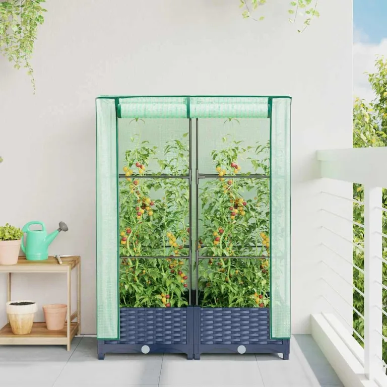 Hochbeet mit Gewächshausaufsatz 80x40x123 cm, Rattan-Optik, Eisenrahmen, PE-Aufsatz, Balkon Garten Terrasse – Bild 3