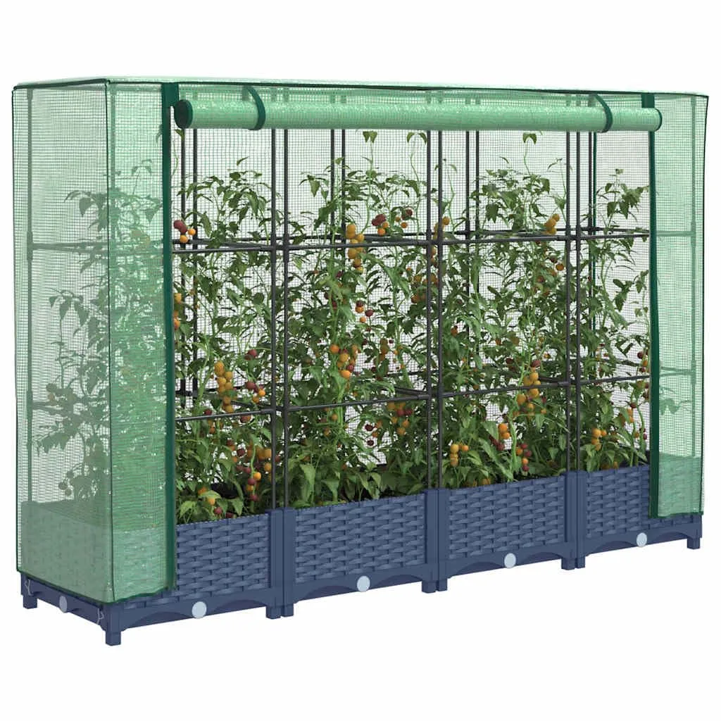 Hochbeet mit Gewächshausabdeckung 160x40x123 cm Rattanoptik Blaugrau Eisenrohr Stabiler Blumenkübel für Balkon Garten Terrasse Modernes Design und Langlebigkeit - Bild 1