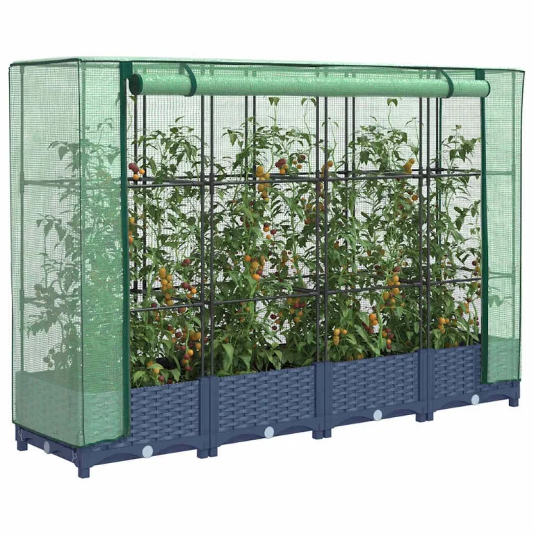 Hochbeet mit Gewächshausabdeckung 160x40x123 cm Rattanoptik Blaugrau Eisenrohr Stabiler Blumenkübel für Balkon Garten Terrasse Modernes Design und Langlebigkeit – Bild 1