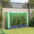 Hochbeet mit Gewächshausabdeckung 160x40x123 cm Rattanoptik Blaugrau Eisenrohr Stabiler Blumenkübel für Balkon Garten Terrasse Modernes Design und Langlebigkeit - Thumbnail 3